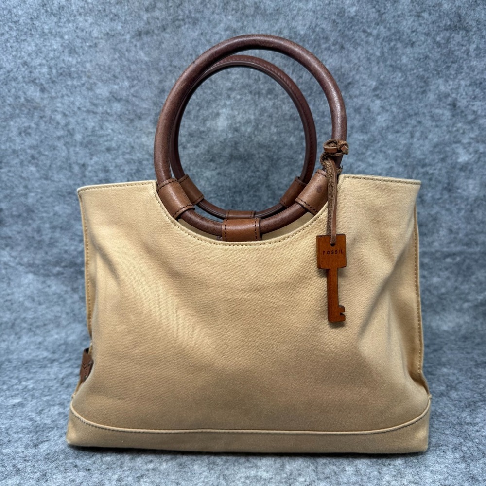 Fossil Canvas Handbag Leather Trim Circle Ring Handles Boho Hobo Wood Key